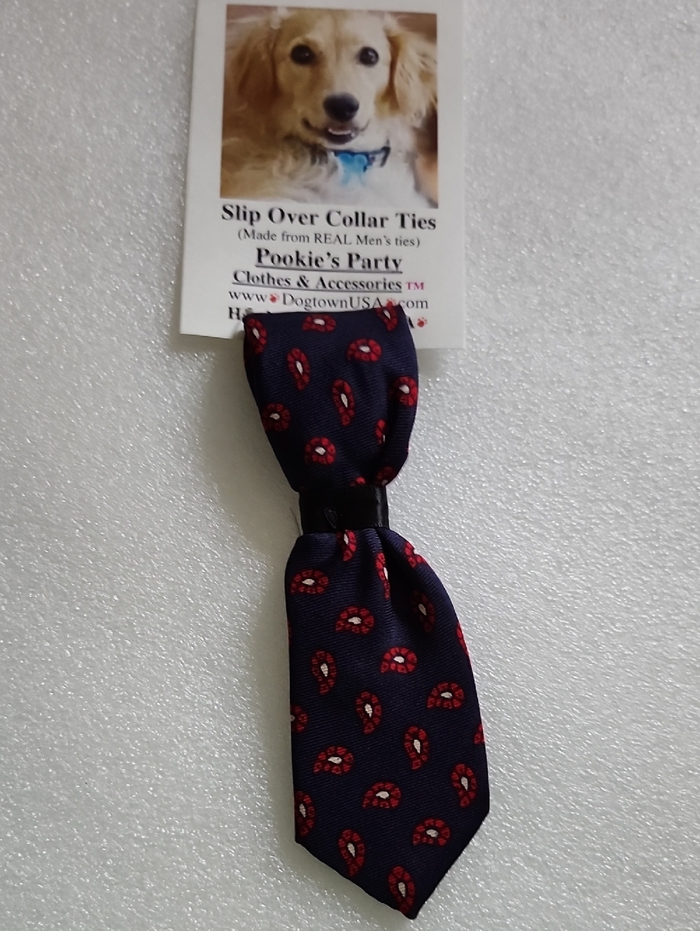 Hand Crafted Navy Dog Slip-Over Tie with Red Paisley Accents